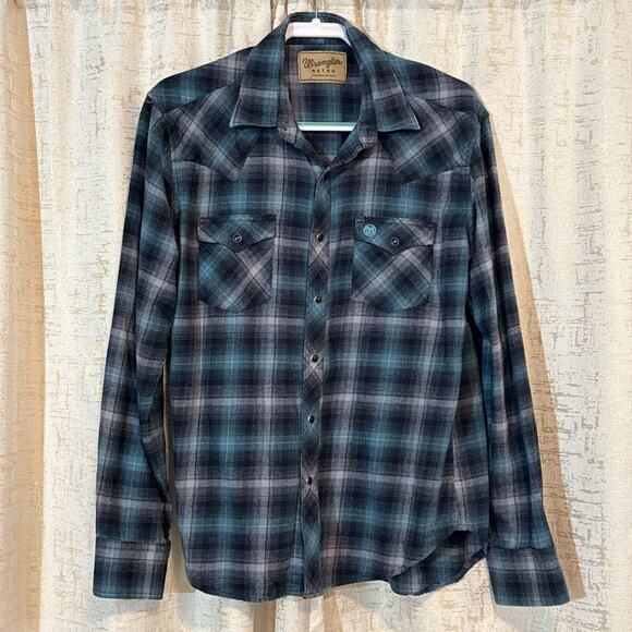 Wrangler Retro Pearl Snap Blue Shirt Plaid Cowboy Western Modern Fit Men's Large - Picture 1 of 4